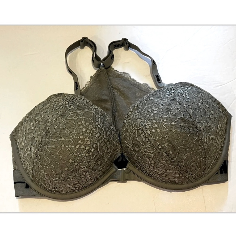 Victoria's Secret Pink Date Push Up Bra Army Olive Green Lace Logo 32DD Sexy VS